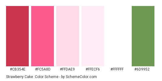 Strawberry Cake - Color scheme palette thumbnail - #CB354E #FC5A8D #FFDAE9 #FFECF6 #FFFFFF #6D9952 
