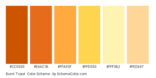 Burnt Toast - Color scheme palette thumbnail - #CC5500 #E66C1B #FFA93F #FFD550 #FFF3B2 #FED697 