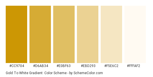 Gold to White Gradient - Color scheme palette thumbnail - #CC9704 #D6AB34 #E0BF63 #EBD293 #F5E6C2 #FFFAF2 
