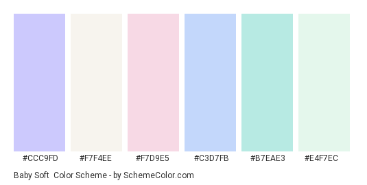 Baby Soft - Color scheme palette thumbnail - #CCC9FD #F7F4EE #F7D9E5 #C3D7FB #B7EAE3 #E4F7EC 