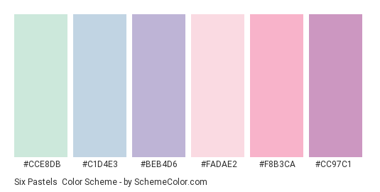 Six Pastels - Color scheme palette thumbnail - #CCE8DB #C1D4E3 #BEB4D6 #FADAE2 #F8B3CA #CC97C1 
