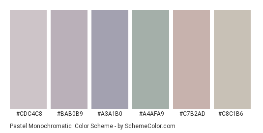Pastel Monochromatic - Color scheme palette thumbnail - #CDC4C8 #BAB0B9 #A3A1B0 #A4AFA9 #C7B2AD #C8C1B6 