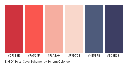 End of Sorts - Color scheme palette thumbnail - #CF333E #FA564F #F6AEA0 #F9D7CB #4E5B7B #3D3E63 