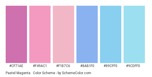 Pastel Magenta & Baby Blue - Color scheme palette thumbnail - #CF71AE #F49AC1 #F1B7C6 #8AB1F0 #89CFF0 #9CDFF0 