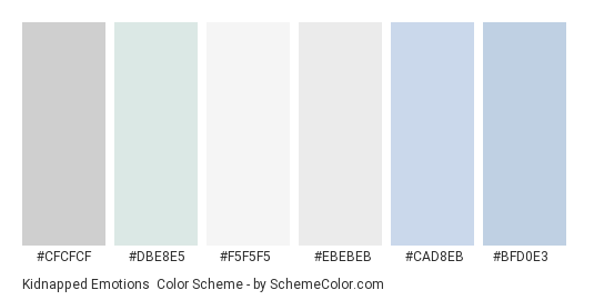 Kidnapped Emotions - Color scheme palette thumbnail - #CFCFCF #DBE8E5 #F5F5F5 #EBEBEB #CAD8EB #BFD0E3 