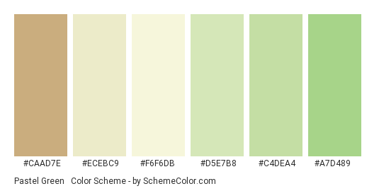 Pastel Green & Beige - Color scheme palette thumbnail - #CaAD7e #ECEBC9 #F6F6DB #D5E7B8 #C4DEA4 #A7D489 