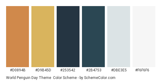 World Penguin Day Theme - Color scheme palette thumbnail - #D0894B #D9B45D #253542 #2B4753 #DBE3E5 #F6F6F6 