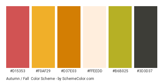 Autumn / Fall - Color scheme palette thumbnail - #D15353 #F0AF29 #D37E03 #FFEEDD #B6B025 #3D3D37 