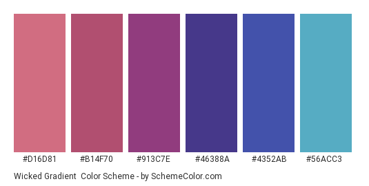 Wicked Gradient - Color scheme palette thumbnail - #D16D81 #B14F70 #913C7E #46388A #4352AB #56ACC3 