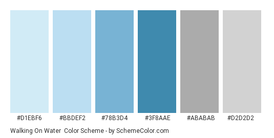 Walking On Water - Color scheme palette thumbnail - #D1EBF6 #BBDEF2 #78B3D4 #3f8aae #ababab #d2d2d2 
