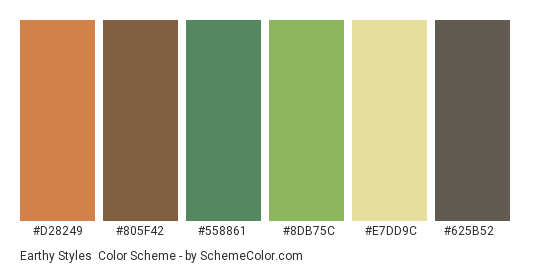 Earthy Styles - Color scheme palette thumbnail - #D28249 #805F42 #558861 #8DB75C #E7DD9C #625B52 