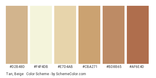 Tan, Beige & Brown - Color scheme palette thumbnail - #D2B48D #F4F4Db #E7D4AB #CBA271 #BD8B65 #AF6E4D 