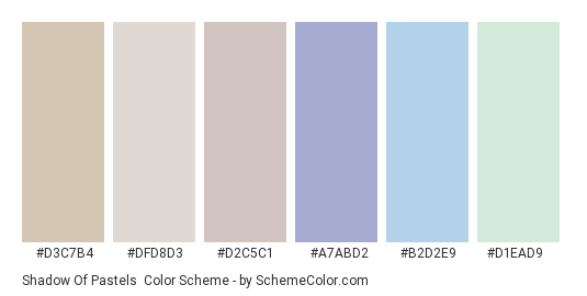 Shadow of Pastels - Color scheme palette thumbnail - #D3C7B4 #DFD8D3 #D2C5C1 #A7ABD2 #B2D2E9 #D1EAD9 