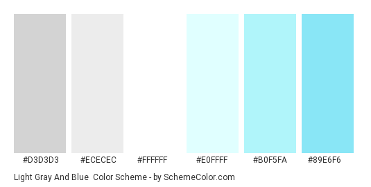 Light Gray and Blue - Color scheme palette thumbnail - #D3D3D3 #ECECEC #FFFFFF #E0FFFF #B0F5FA #89E6F6 