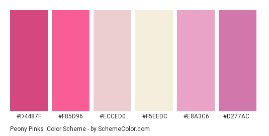 Peony Pinks - Color scheme palette thumbnail - #D4487F #F85D96 #ECCED0 #F5EEDC #E8A3C6 #D277AC 