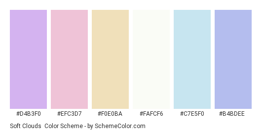 Soft Clouds - Color scheme palette thumbnail - #D4B3F0 #EFC3D7 #F0E0BA #FAFCF6 #C7E5F0 #B4BDEE 
