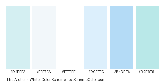 The Arctic Is White - Color scheme palette thumbnail - #D4EFF2 #F2F7FA #FFFFFF #DCEFFC #B4DBF6 #B9E8E8 