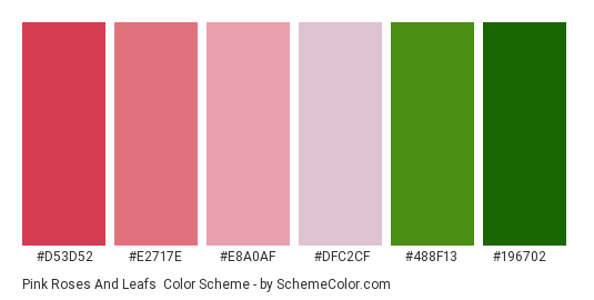 Pink Roses and Leafs - Color scheme palette thumbnail - #D53D52 #E2717E #E8A0AF #DFC2CF #488F13 #196702 