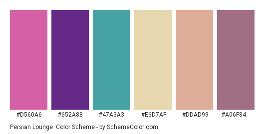 Persian Lounge - Color scheme palette thumbnail - #D560A6 #652A88 #47A3A3 #E6D7AF #DDAD99 #A06F84 