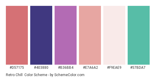 Retro Chill - Color scheme palette thumbnail - #D57175 #403880 #B36BB4 #E7A6A2 #F9EAE9 #57BDA7 