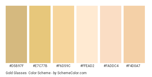 Gold Glasses - Color scheme palette thumbnail - #D5B97F #E7C77B #F6D59C #FFEAD2 #FADDC4 #F4D0A7 