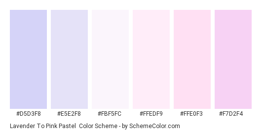 Lavender to Pink Pastel - Color scheme palette thumbnail - #D5D3F8 #E5E2F8 #FBF5FC #FFEDF9 #FFE0F3 #F7D2F4 