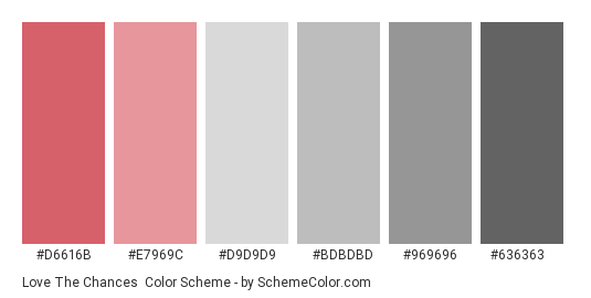 Love the Chances - Color scheme palette thumbnail - #D6616B #E7969C #D9D9D9 #BDBDBD #969696 #636363 