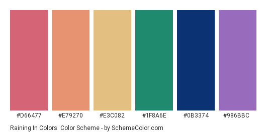 Raining in Colors - Color scheme palette thumbnail - #D66477 #E79270 #E3C082 #1F8A6E #0B3374 #986BBC 