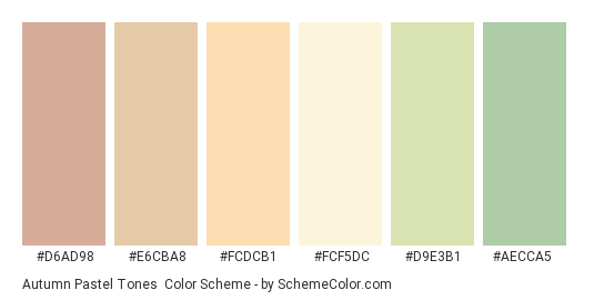 Autumn Pastel Tones - Color scheme palette thumbnail - #D6AD98 #E6CBA8 #FCDCB1 #FCF5DC #D9E3B1 #AECCA5 