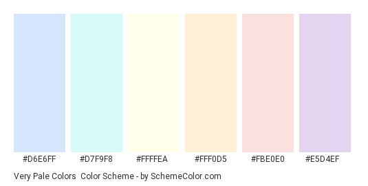 Very Pale Colors - Color scheme palette thumbnail - #D6E6FF #D7F9F8 #FFFFEA #FFF0D5 #FBE0E0 #E5D4EF 