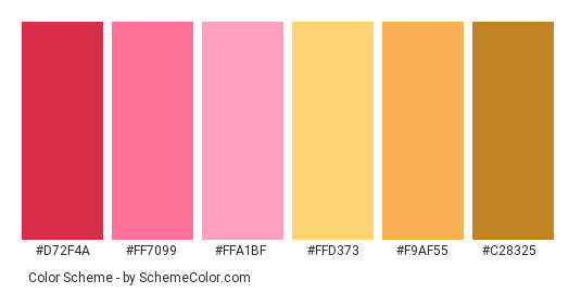 Red Yellow Leaves - Color scheme palette thumbnail - #D72F4A #FF7099 #FFA1BF #FFD373 #F9AF55 #C28325 