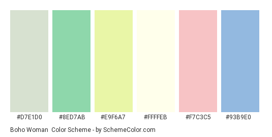 Boho Woman - Color scheme palette thumbnail - #D7E1D0 #8ED7AB #E9F6A7 #FFFFEB #F7C3C5 #93B9E0 