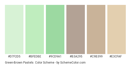 Green-Brown Pastels - Color scheme palette thumbnail - #D7F2D5 #BFEDBE #9CD9A1 #B3A295 #C9B399 #E3CFAF 