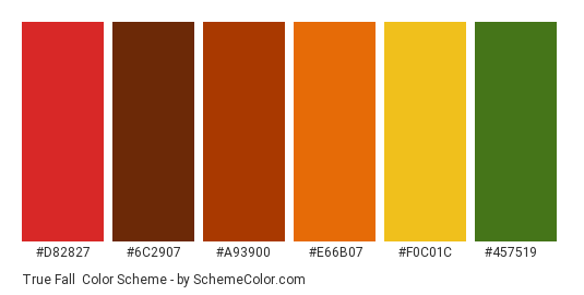True Fall - Color scheme palette thumbnail - #D82827 #6C2907 #A93900 #E66B07 #F0C01C #457519 