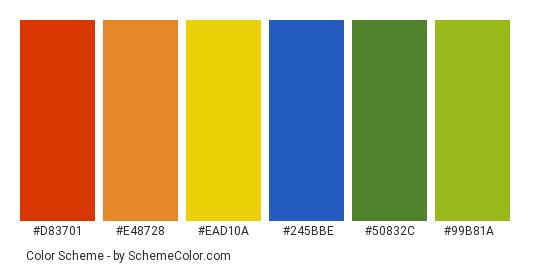 Multi-colored Tree Frog - Color scheme palette thumbnail - #D83701 #E48728 #EAD10A #245BBE #50832C #99B81A 