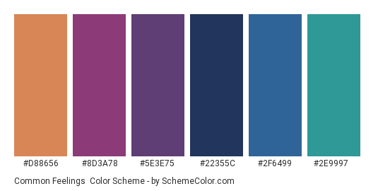 Common Feelings - Color scheme palette thumbnail - #D88656 #8D3A78 #5E3E75 #22355C #2F6499 #2E9997 