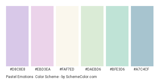 Pastel Emotions - Color scheme palette thumbnail - #D8C8E8 #EBD3EA #FAF7ED #DAEBD6 #BFE3D6 #A7C4CF 