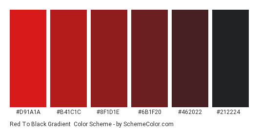 Red to Black Gradient - Color scheme palette thumbnail - #D91A1A #B41C1C #8F1D1E #6B1F20 #462022 #212224 