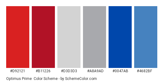 Optimus Prime - Color scheme palette thumbnail - #D92121 #B11226 #D3D3D3 #A8A9AD #0047AB #4682BF 