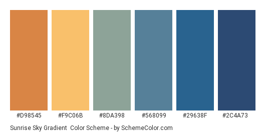 Sunrise Sky Gradient - Color scheme palette thumbnail - #D98545 #F9C06B #8DA398 #568099 #29638F #2C4A73 