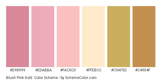Blush Pink Gold - Color scheme palette thumbnail - #D98999 #EDABBA #FAC0C0 #FFEBCC #C9AF5D #C4904F 