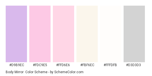 Body Mirror - Color scheme palette thumbnail - #D9B9EC #FDC9E5 #FFD6E6 #FBF6EC #FFFDFB #D3D3D3 