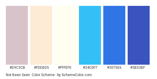 Not Been Seen - Color scheme palette thumbnail - #D9C3CB #FDEBD5 #FFFEF0 #34C0F7 #3075E6 #3B53BF 