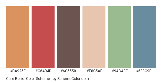Cafe Retro - Color scheme palette thumbnail - #DA925E #C64D4D #6C5550 #E8C5AF #9ABA8F #698C9E 