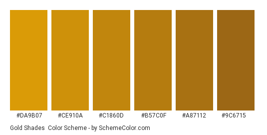 Gold Shades - Color scheme palette thumbnail - #DA9B07 #CE910A #C1860D #B57C0F #A87112 #9C6715 