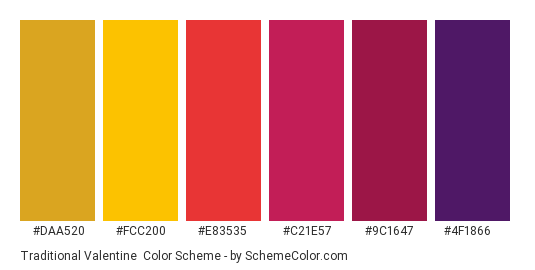 Traditional Valentine - Color scheme palette thumbnail - #DAA520 #FCC200 #E83535 #C21E57 #9C1647 #4F1866 