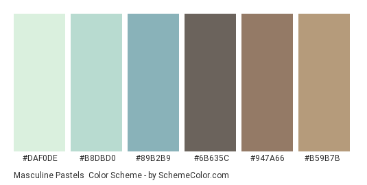 Masculine Pastels - Color scheme palette thumbnail - #DAF0DE #B8DBD0 #89B2B9 #6B635C #947A66 #B59B7B 