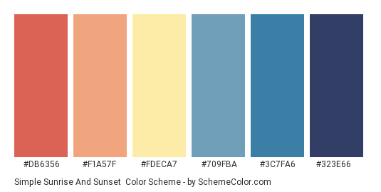 Simple Sunrise and Sunset - Color scheme palette thumbnail - #DB6356 #F1A57F #FDECA7 #709FBA #3C7FA6 #323E66 