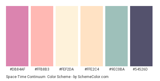 Space-Time Continuum - Color scheme palette thumbnail - #DB84AF #FFB8B3 #FEF2DA #FFE2C4 #9ec0ba #54526D 
