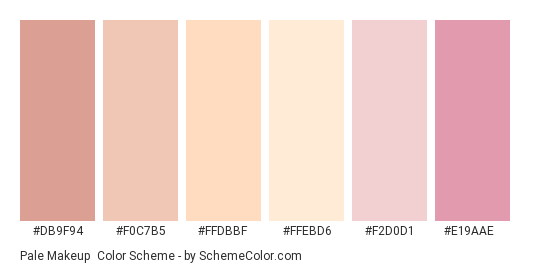Pale Makeup - Color scheme palette thumbnail - #DB9F94 #F0C7B5 #FFDBBF #FFEBD6 #F2D0D1 #E19AAE 
